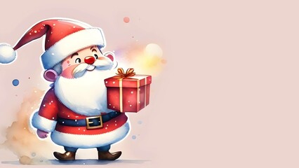 Cute Santa Claus with gift watercolor illustration, presentation web banner template for Christmas holiday winter season. - obrazy, fototapety, plakaty
