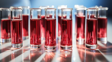 Flask test tubes with chemical laboratory tests stand on a glass table. Scientific microbiological...