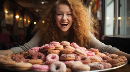 Happy redhead girl with a plate with many donutsб quit dieting