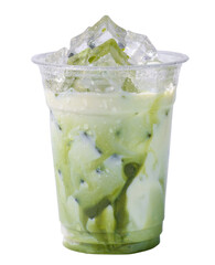 Mockup drink cup. Iced matcha green tea latte with iced cubes in transparent take away plastic cup togo isolated on white background. Iced green tea drink.