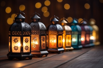 Group of arabic ramadan lantern candle at ramadan holy month night for world Islamic or muslim...