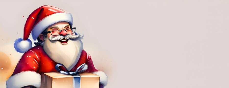 Cute Santa Claus with gift watercolor illustration, presentation web banner template for Christmas holiday winter season.