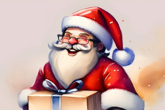 Cute Santa Claus with gift watercolor illustration for Christmas holiday winter season.