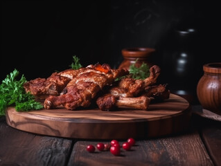 Delicious kebab on a wooden board, decorated with vegetables and herbs. Photorealistic illustration. 
