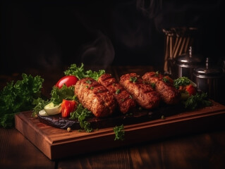 Delicious kebab on a wooden board, decorated with vegetables and herbs. Photorealistic illustration. AI generated.