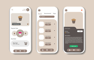 Online mobile application for a cake or bakery shop. Platform screen to buy cakes and bread. Graphical user interface for responsive mobile applications