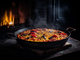 Delicious traditional traditional paella in a frying pan. Photorealistic illustration. AI generated.