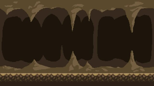 Pixel art loop animation of underground cave. Animated 8-bit seamless background of cavern with with stalactites and stalagmites. Pixelated template for computer game or application.