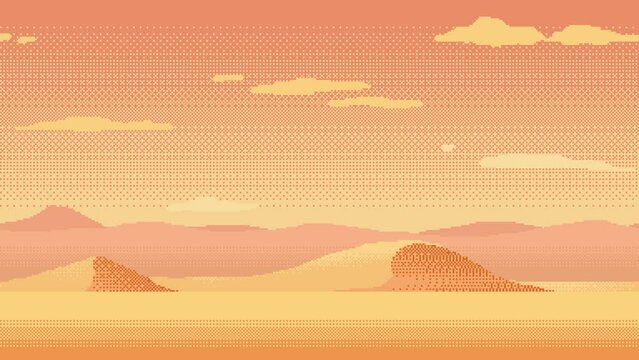 Pixel art loop animation of desert landscape. Animated 8bit seamless background with sand mountains and moving clouds. Pixelated template for computer game or application.
