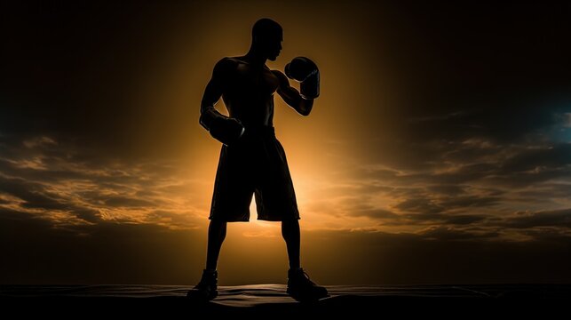 Silhouette of strong boxer man on sky background. martial arts concept. MMA