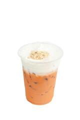 Iced milk tea with topping in plastic cup.