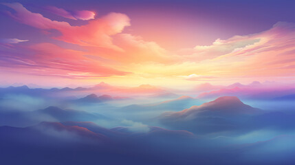Majestic Sunrise Over Generative AI Rendered Mountain Range with Mist and Vivid Colors