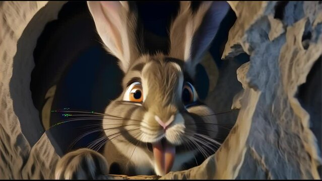 a rabbit bursting through a wall, its large eyes and ears standing out in the darkness, depicting its curious nature