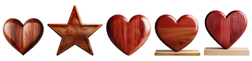 Set of Red hearts shape blank wooden sign board wood#04 cutout on transparent background. Valentine's day-wedding. Mock up for product presentation. banner, poster, card