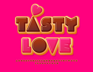 Vector creative card Tasty Love. Choco icing Font. Cake style Alphabet Letters and Numbers set.