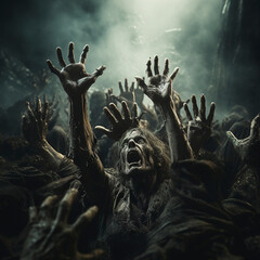 Zombies raise their hands up to the moonlight, zombie hands rising in dark Halloween night, spooky night.