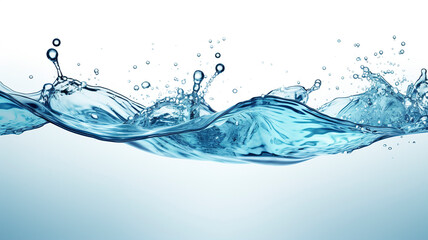 Blue water splash with droplets, splashing water with spray droplets, fresh drink transparent wave, wave with splashes of clean spring water - 680114511
