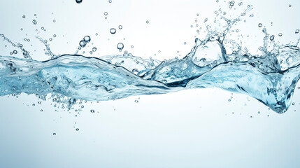 Blue water splash with droplets, splashing water with spray droplets, fresh drink transparent wave, wave with splashes of clean spring water