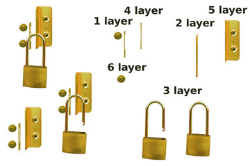 Set of doors with bolt and gold padlock , on a transparent background