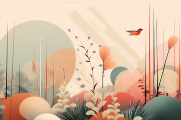 Landscape, nature, art concept. Stylized abstract nature collage colorful illustration. Pastel colored minimalist style
