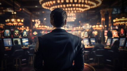 A man in a black suit standing in a casino.