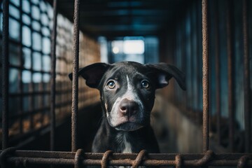 Portrait of a stray dog captured in a cage