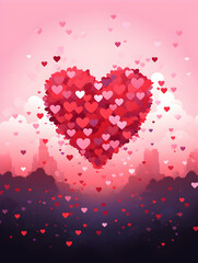 Pixelated heart rising above a city, surrounded by a dreamy haze of love and affection. Pixel art style valentines card.