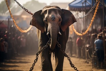 Elephant confined by a metal chain with a crowd observing