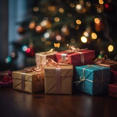 Gift boxes and Christmas tree with bokeh lights on background