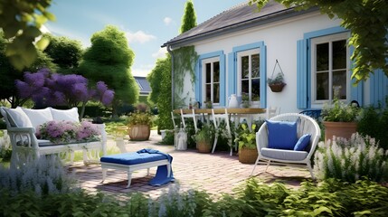 Lovely blue house with beautiful garden and farmhouse vibes Terrace with wicker baskets greenery and white furniture Backyard with gardening tools