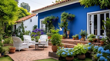 Fototapeta na wymiar Lovely blue house with beautiful garden and farmhouse vibes Terrace with wicker baskets greenery and white furniture Backyard with gardening tools