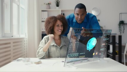 Two neurobiologist satisfied with experiment results, working with advanced tech - Powered by Adobe