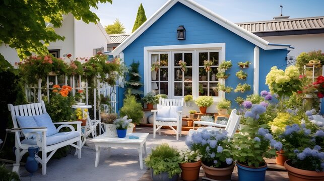 Lovely blue house with beautiful garden and farmhouse vibes Terrace with wicker baskets greenery and white furniture Backyard with gardening tools