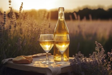 Picnic with two wineglasses with white wine and bottle, bread, cheese, grapes on background of a lavender field