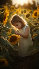 Golden Afternoon Bliss Child's Innocence Amid Sunflowers