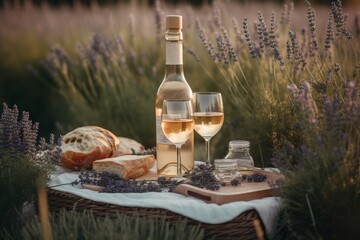 Picnic with two wineglasses with white wine and bottle, bread, cheese, grapes on background of a lavender field