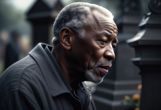 portrait of a sad elderly black man at a cemetery
