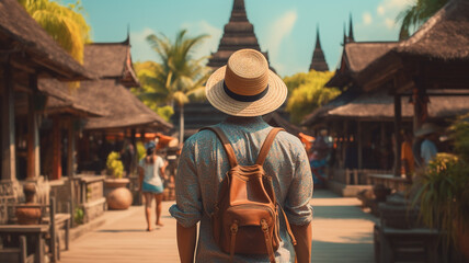 Young tourist man stands in front of cultural attractions in Asia - obrazy, fototapety, plakaty