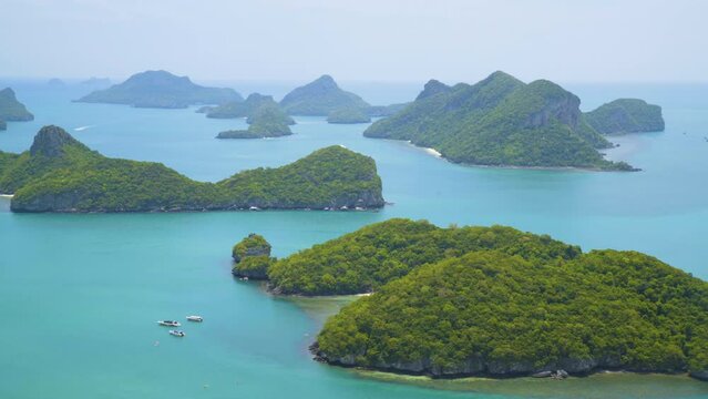 Cinematic shot of limestone islands in Mu Ko Ang Thong National Marine Park in Koh Samui, Thailand