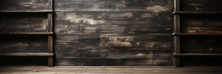 Abstract black wooden shelf on dark background_