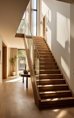 Modern wooden staircase with glass railing in a bright, airy home interior.