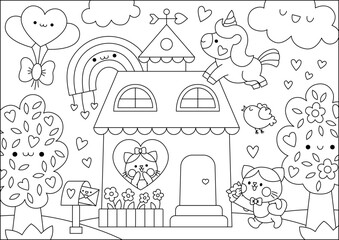Vector black and white Saint Valentine day scene with cat family, unicorn, rainbow, house. Cute kawaii outline illustration with love concept. Garden landscape with hearts. Coloring page for kids.