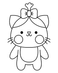 Obraz premium Vector black and white kawaii cat girl icon with bow. Line kitty isolated clipart. Cute kitten outline illustration. Funny Saint Valentine day coloring page for kids with love concept.