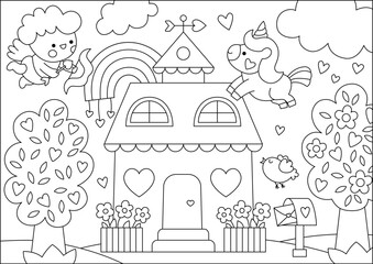 Fototapeta na wymiar Vector black and white Saint Valentine day scene with cupid, unicorn, rainbow, house. Cute kawaii line illustration with love concept. Garden landscape with hearts. Coloring page for kids.
