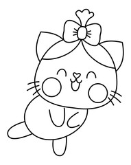 Vector black and white kawaii shy cat girl icon with bow. Line kitty isolated clipart. Cute kitten outline illustration. Funny Saint Valentine day coloring page for kids with love concept.