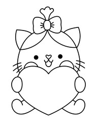 Vector black and white kawaii cat girl sitting with heart. Line kitty isolated clipart or icon. Cute kitten outline illustration. Funny Saint Valentine day coloring page for kids with love concept.