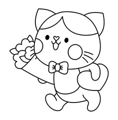 Vector black and white kawaii cat boy going to date with flowers. And candies. Line kitty clipart or icon. Cute kitten illustration. Funny Saint Valentine day coloring page for kids with love concept.