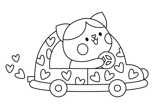 Vector Black And White Kawaii Cat Driving Car With Hearts. Line Kitty Isolated Clipart. Cute Kitten Outline Illustration. Funny Saint Valentine Day Coloring Page For Kids With Love Concept.