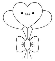 Vector black and white kawaii heart shaped balloons icon. Line bunch with bow isolated clipart. Cute outline illustration. Funny Saint Valentine day coloring page for kids with love concept.