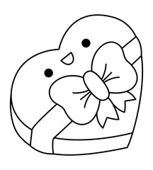 Vector black and white kawaii heart shaped candy box icon with bow. Line present with sweets clipart. Cute gift illustration. Funny Saint Valentine day coloring page for kids with love concept.